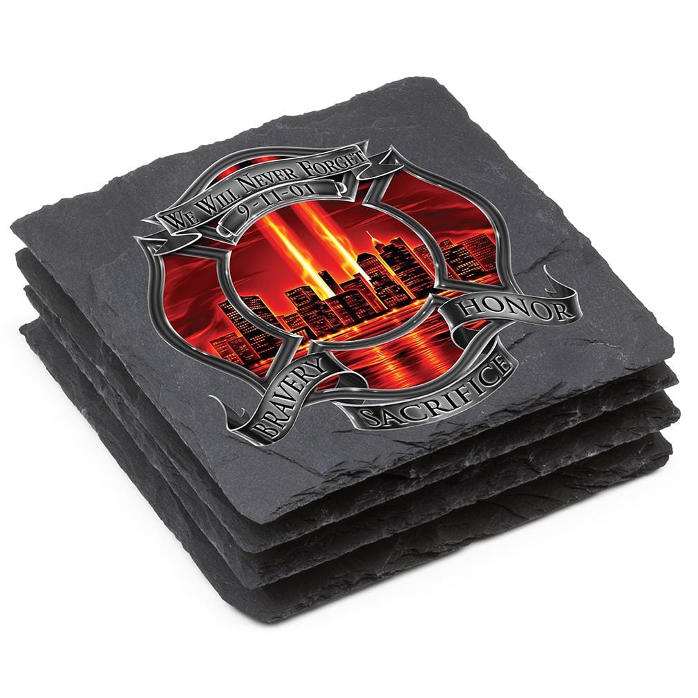 Red High Honor Firefighter Tribute Black Slate 4IN x 4IN Coasters Gift Set