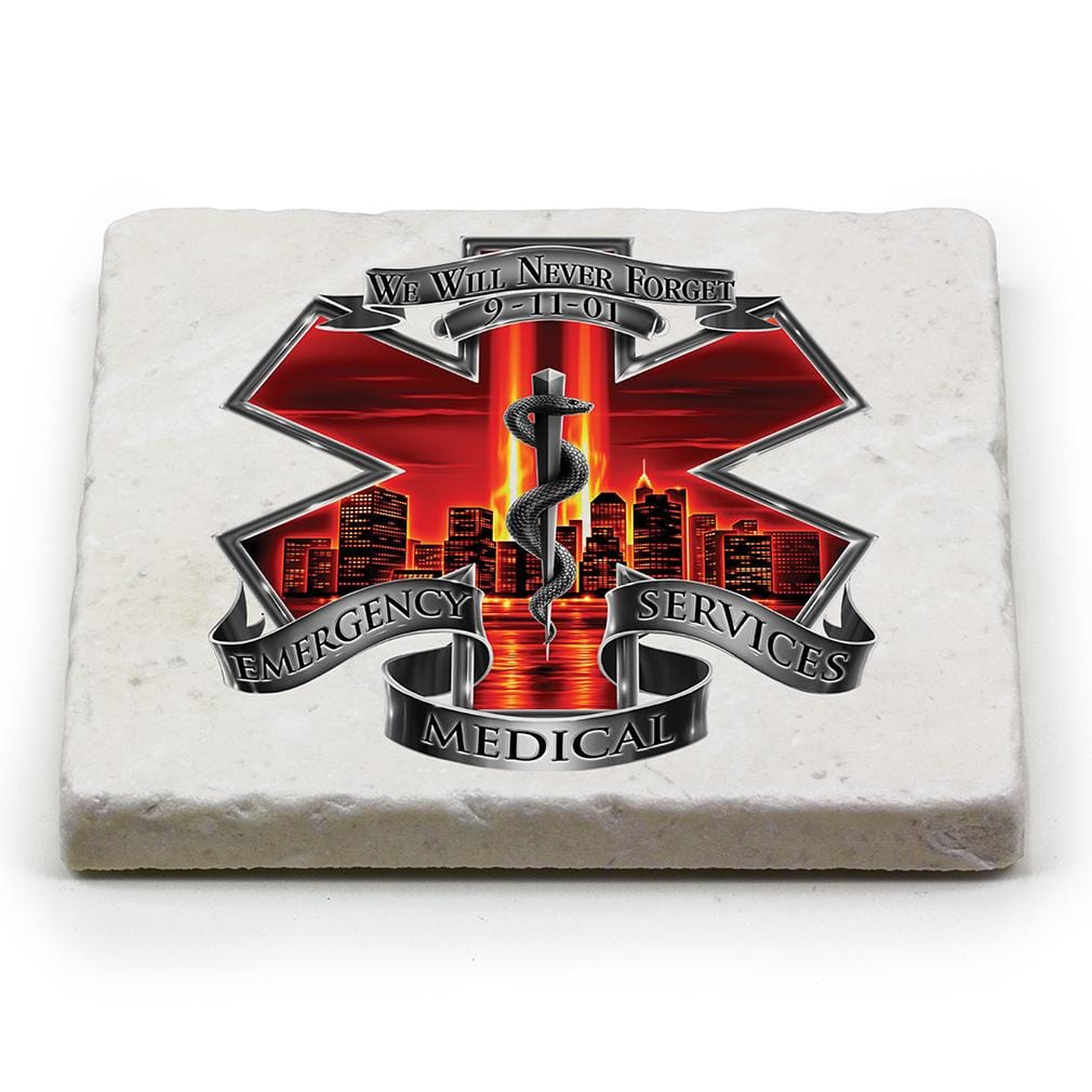 Red High Honor EMS EMT Tribute Ivory Tumbled Marble 4IN x 4IN Coasters Gift Set