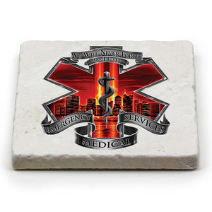 More Picture, Red High Honor EMS EMT Tribute Ivory Tumbled Marble 4IN x 4IN Coasters Gift Set