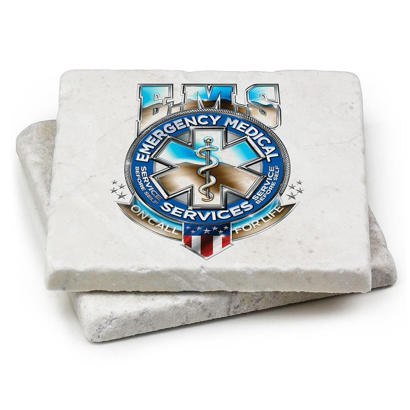 EMS EMT Badge of Honor Ivory Tumbled Marble 4IN x 4IN Coasters Gift Set