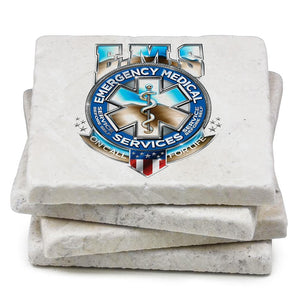 More Picture, EMS EMT Badge of Honor Ivory Tumbled Marble 4IN x 4IN Coasters Gift Set