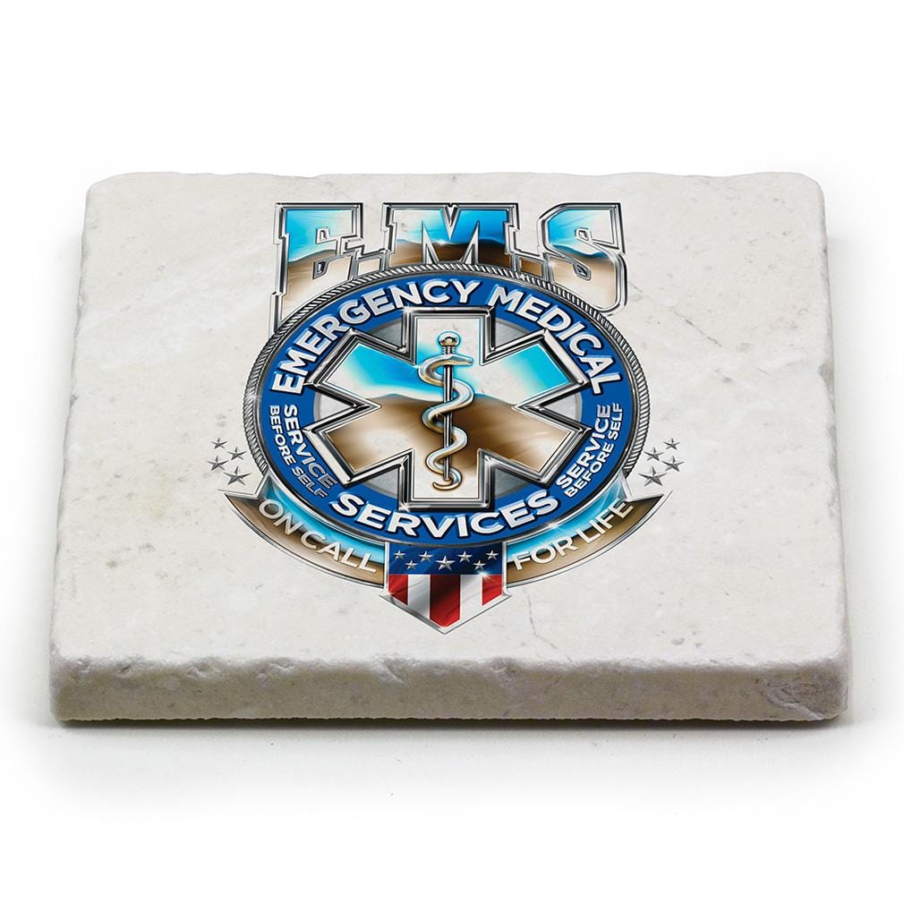 EMS EMT Badge of Honor Ivory Tumbled Marble 4IN x 4IN Coasters Gift Set