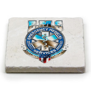 More Picture, EMS EMT Badge of Honor Ivory Tumbled Marble 4IN x 4IN Coasters Gift Set