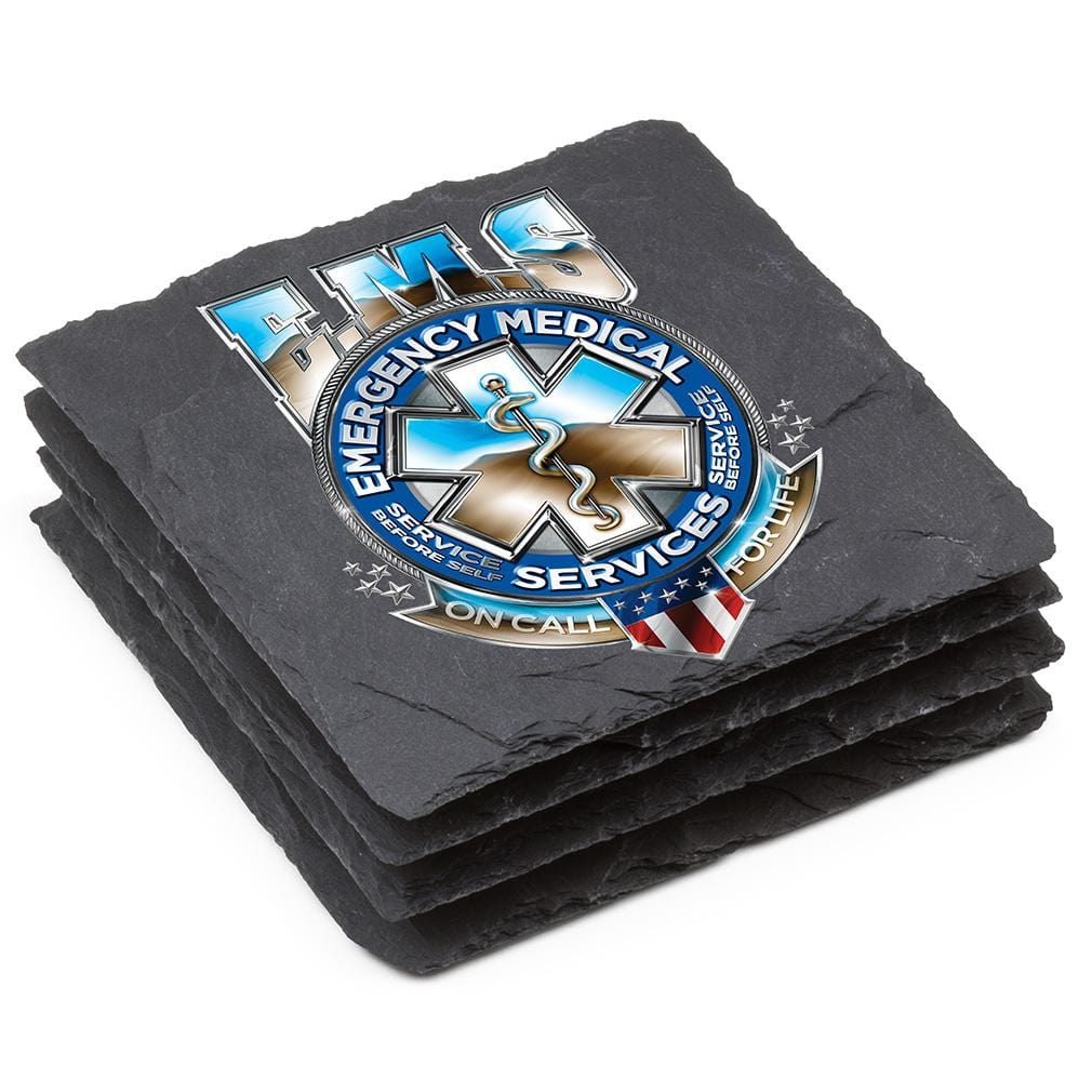 EMS EMT Badge of Honor Black Slate 4IN x 4IN Coasters Gift Set