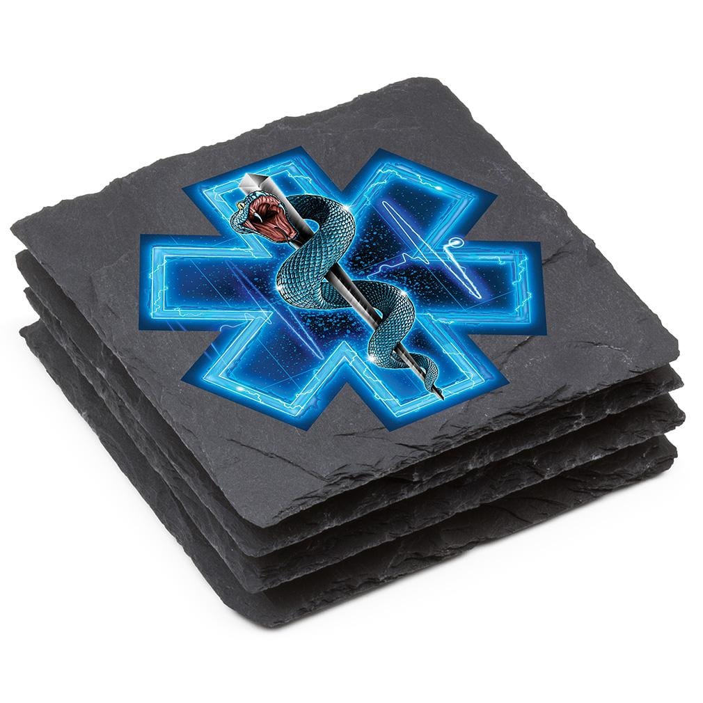 EMS EMT Silver Snake Full Black Slate 4IN x 4IN Coasters Gift Set