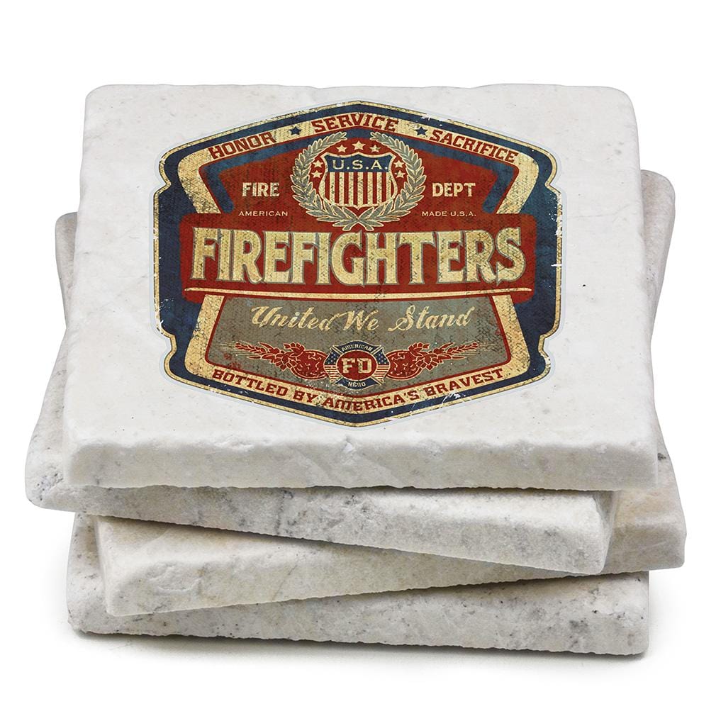 Firefighter Denim Fade Ivory Tumbled Marble 4IN x 4IN Coasters Gift Set