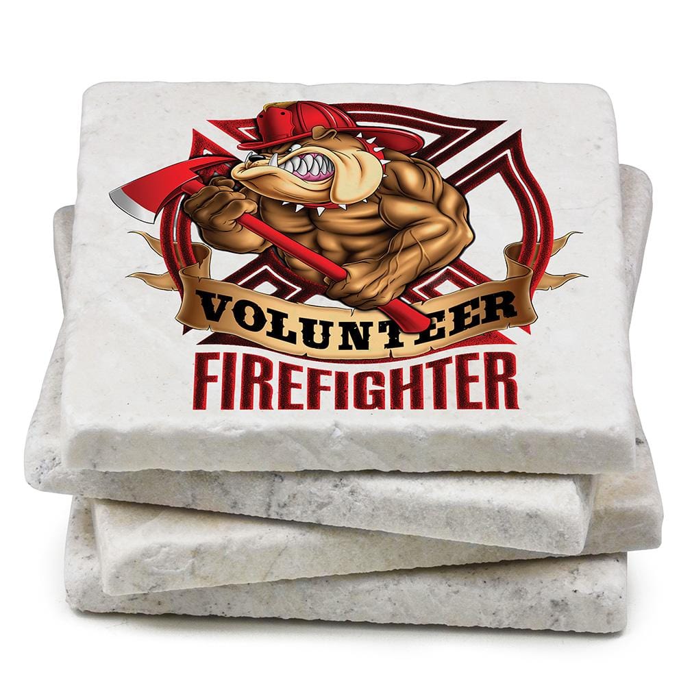 Firefighter Fire Volunteer Dog Ivory Tumbled Marble 4IN x 4IN Coasters Gift Set