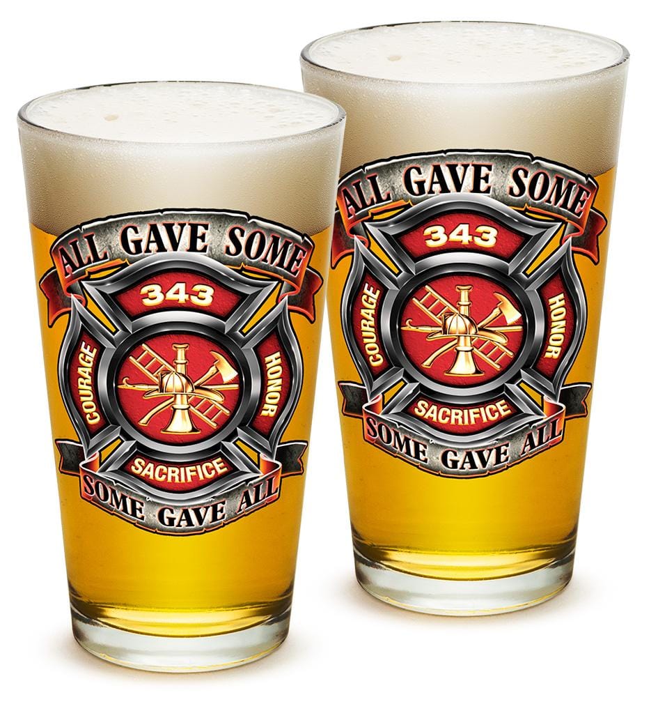 Fire Honor Courage Sacrifice 343 badge Firefighter 16oz Pint Glass Glass Set