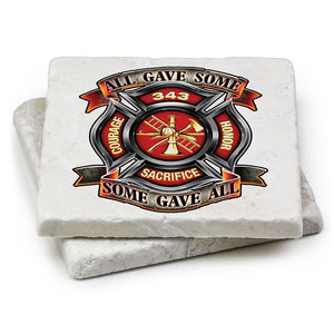 More Picture, Firefighter Fire Honor Courage Sacrifice 343 Badge Ivory Tumbled Marble 4IN x 4IN Coasters Gift Set
