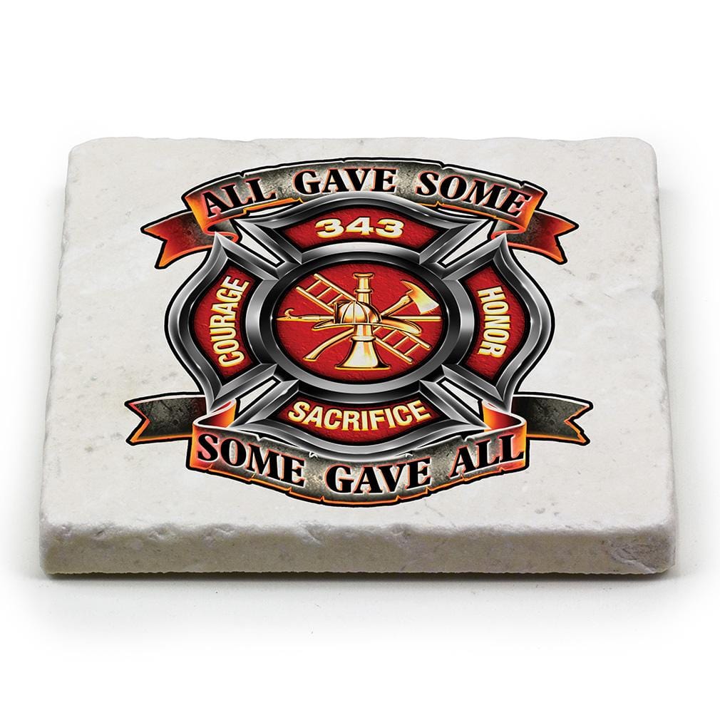 Firefighter Fire Honor Courage Sacrifice 343 Badge Ivory Tumbled Marble 4IN x 4IN Coasters Gift Set
