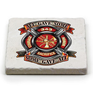 More Picture, Firefighter Fire Honor Courage Sacrifice 343 Badge Ivory Tumbled Marble 4IN x 4IN Coasters Gift Set