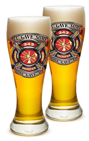 More Picture, Fire Honor Courage Sacrifice 343 badge Firefighter 23oz Pilsner Glass Glass Set