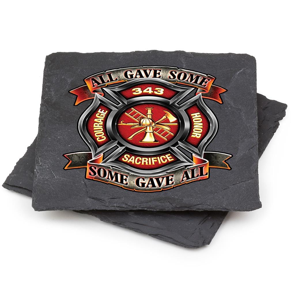 Firefighter Fire Honor Courage Sacrifice 343 Badge Black Slate 4IN x 4IN Coasters Gift Set