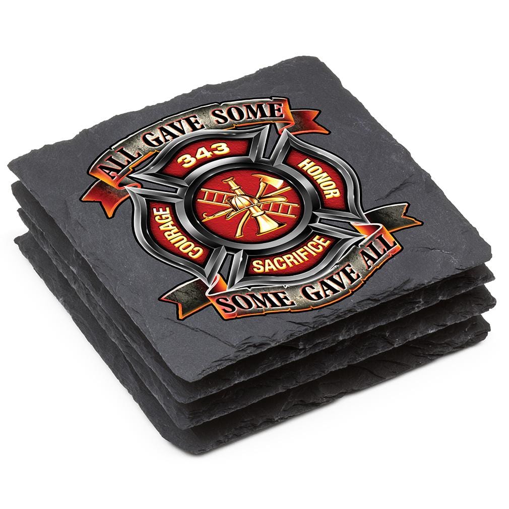 Firefighter Fire Honor Courage Sacrifice 343 Badge Black Slate 4IN x 4IN Coasters Gift Set