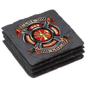 More Picture, Firefighter Fire Honor Courage Sacrifice 343 Badge Black Slate 4IN x 4IN Coasters Gift Set