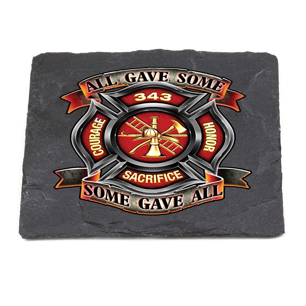 Firefighter Fire Honor Courage Sacrifice 343 Badge Black Slate 4IN x 4IN Coasters Gift Set