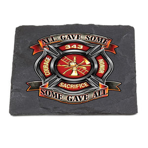 More Picture, Firefighter Fire Honor Courage Sacrifice 343 Badge Black Slate 4IN x 4IN Coasters Gift Set