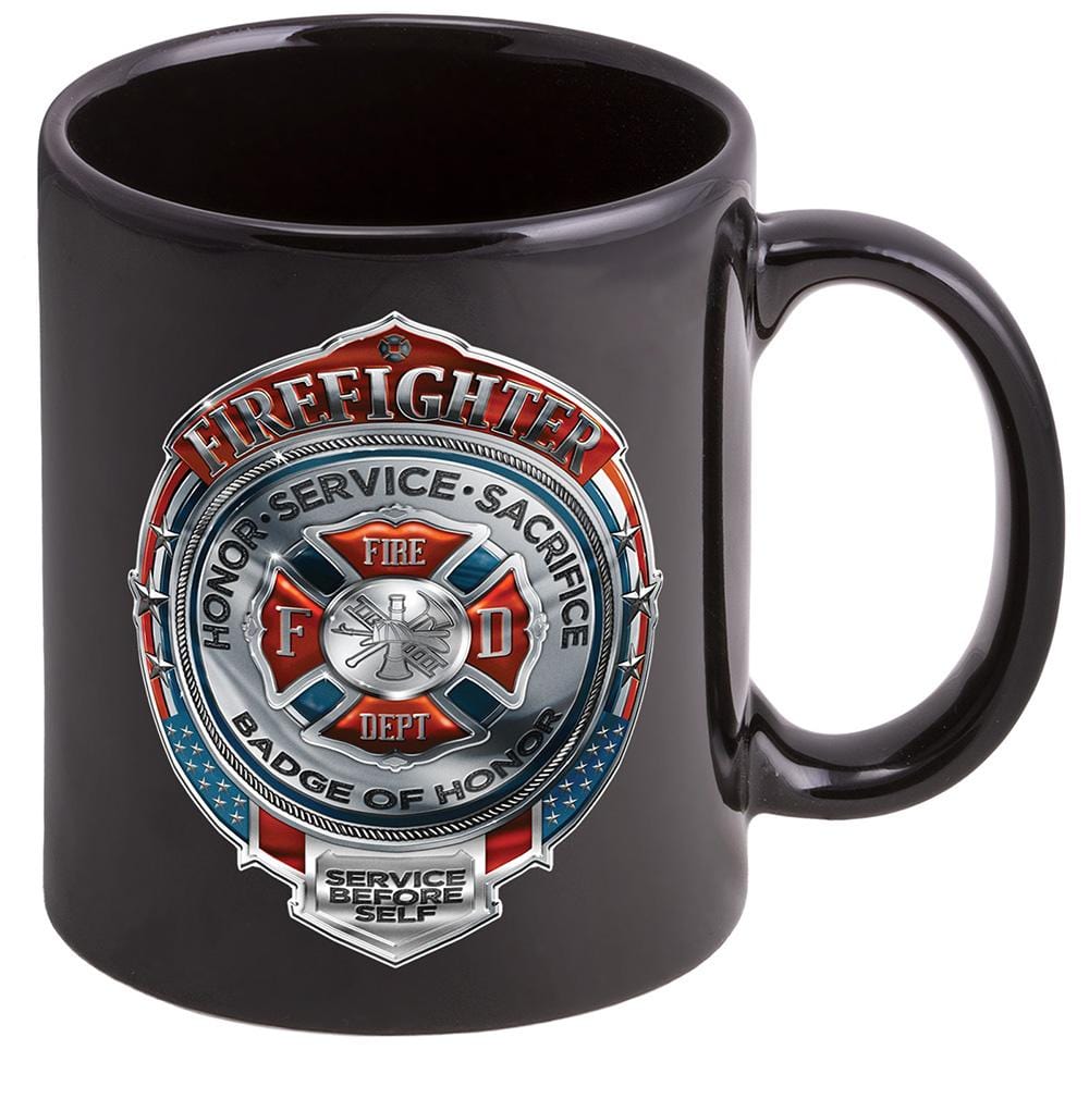 Firefighter Fire Honor Service Sacrifice Chrome Badge Stoneware Black Coffee Mug Gift Set