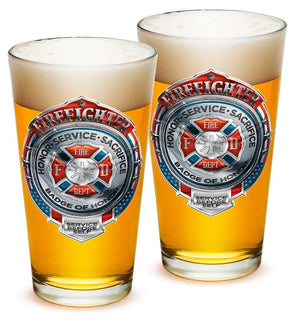 More Picture, Fire Honor Service Sacrifice Chrome Badge Firefighter 16oz Pint Glass Glass Set