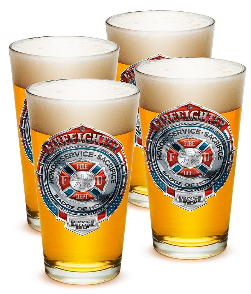 Fire Honor Service Sacrifice Chrome Badge Firefighter 16oz Pint Glass Glass Set