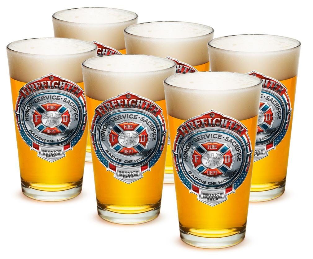 Fire Honor Service Sacrifice Chrome Badge Firefighter 16oz Pint Glass Glass Set