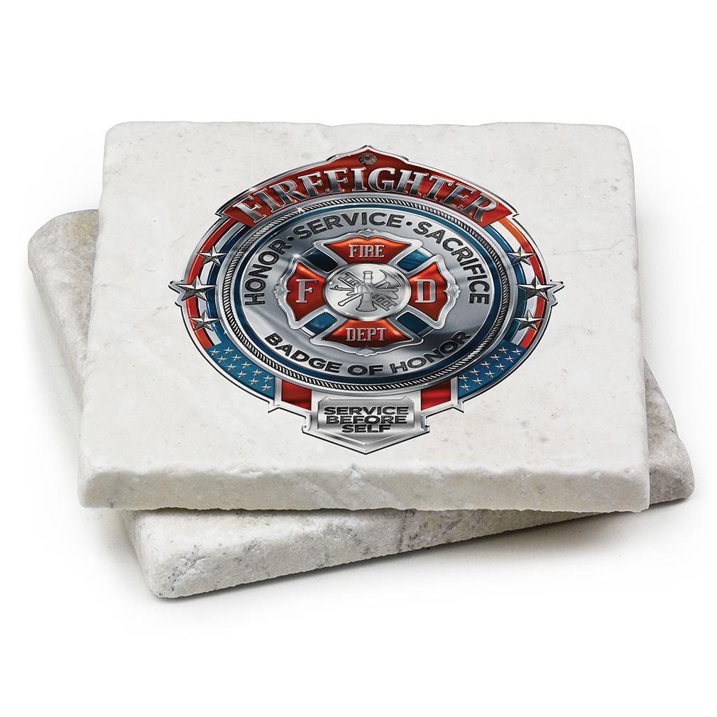 Firefighter Fire Honor Service Sacrifice Chrome Badge Ivory Tumbled Marble 4IN x 4IN Coasters Gift Set