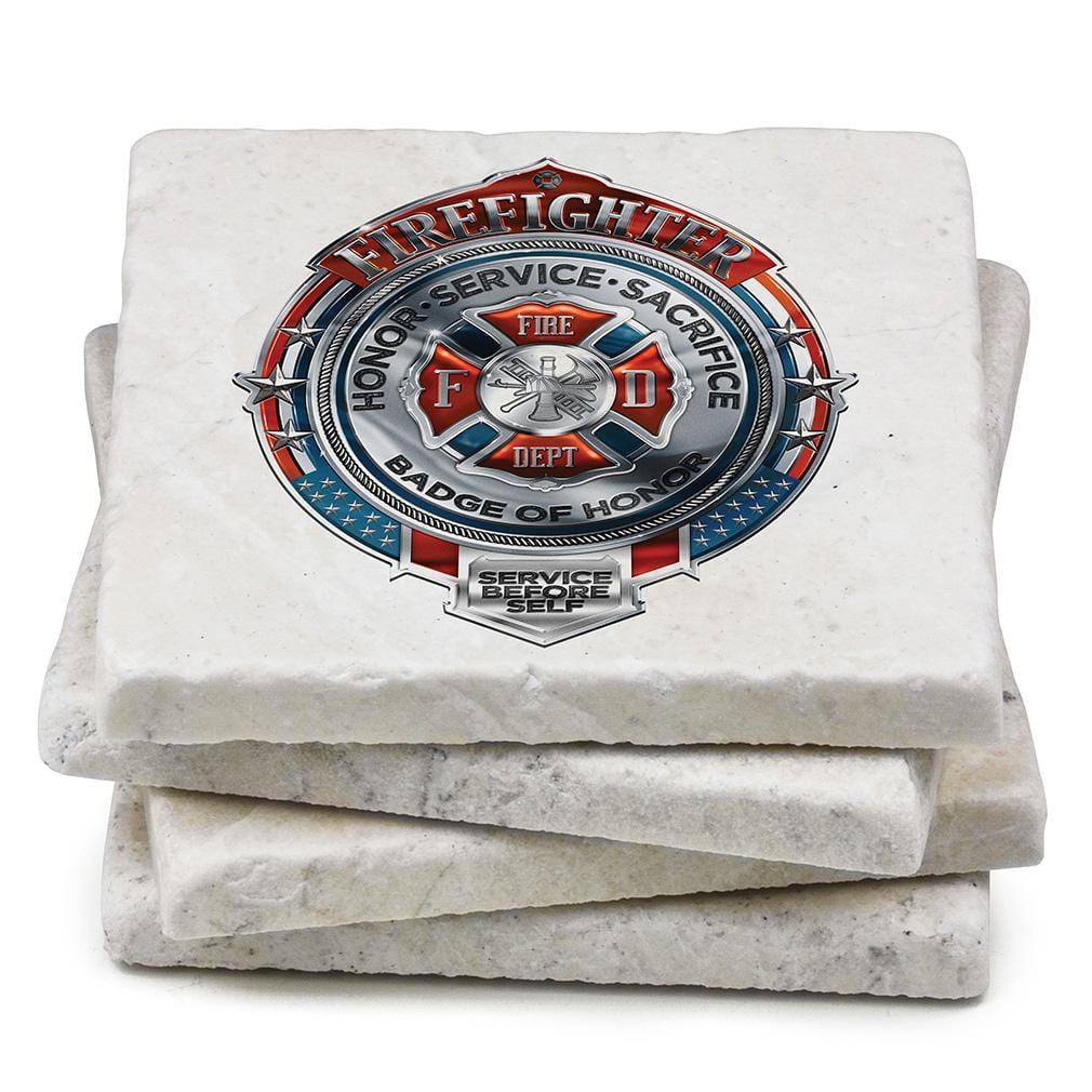 Firefighter Fire Honor Service Sacrifice Chrome Badge Ivory Tumbled Marble 4IN x 4IN Coasters Gift Set