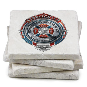 More Picture, Firefighter Fire Honor Service Sacrifice Chrome Badge Ivory Tumbled Marble 4IN x 4IN Coasters Gift Set