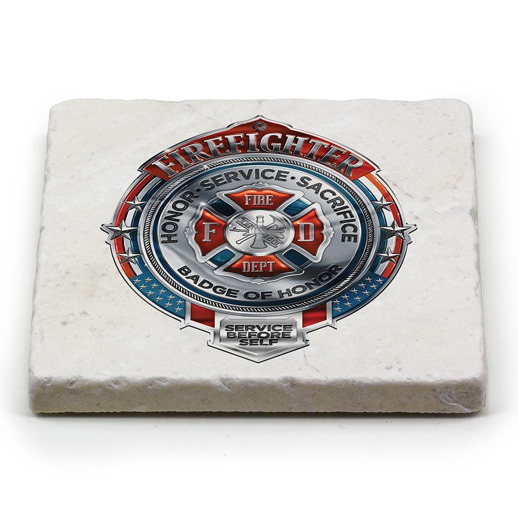 Firefighter Fire Honor Service Sacrifice Chrome Badge Ivory Tumbled Marble 4IN x 4IN Coasters Gift Set