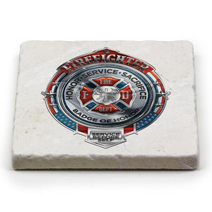 More Picture, Firefighter Fire Honor Service Sacrifice Chrome Badge Ivory Tumbled Marble 4IN x 4IN Coasters Gift Set