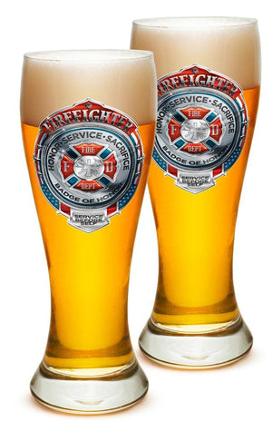More Picture, Fire Honor Service Sacrifice Chrome Badge Firefighter 23oz Pilsner Glass Glass Set