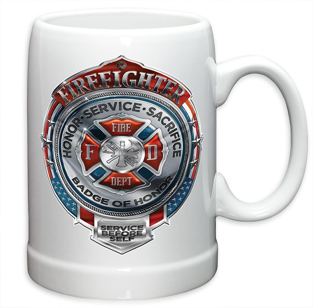Firefighter Fire Honor Service Sacrifice Chrome Badge Stoneware White Coffee Mug Gift Set