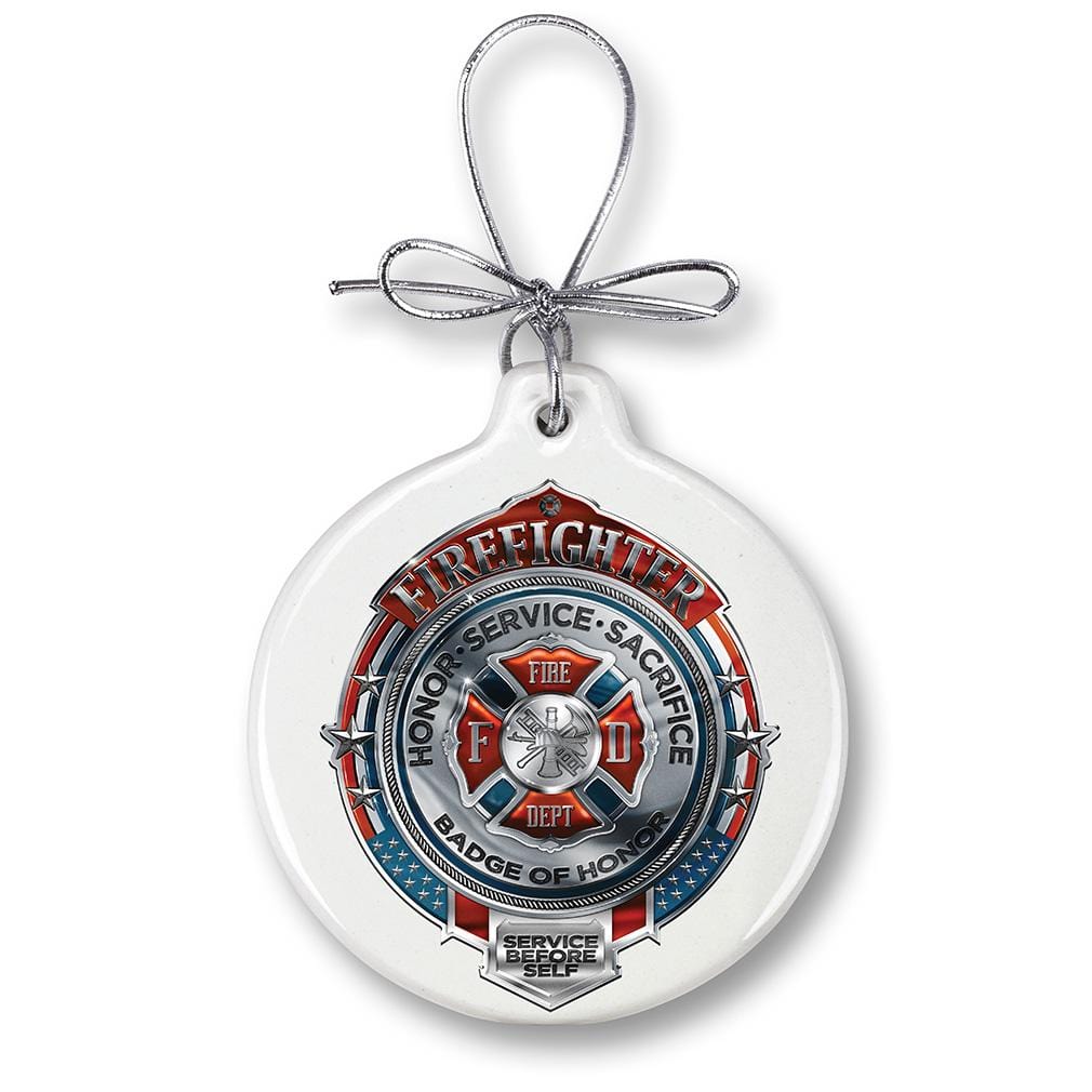 Firefighter Honor Service Sacrifice Chrome Badge Christmas Tree Ornaments