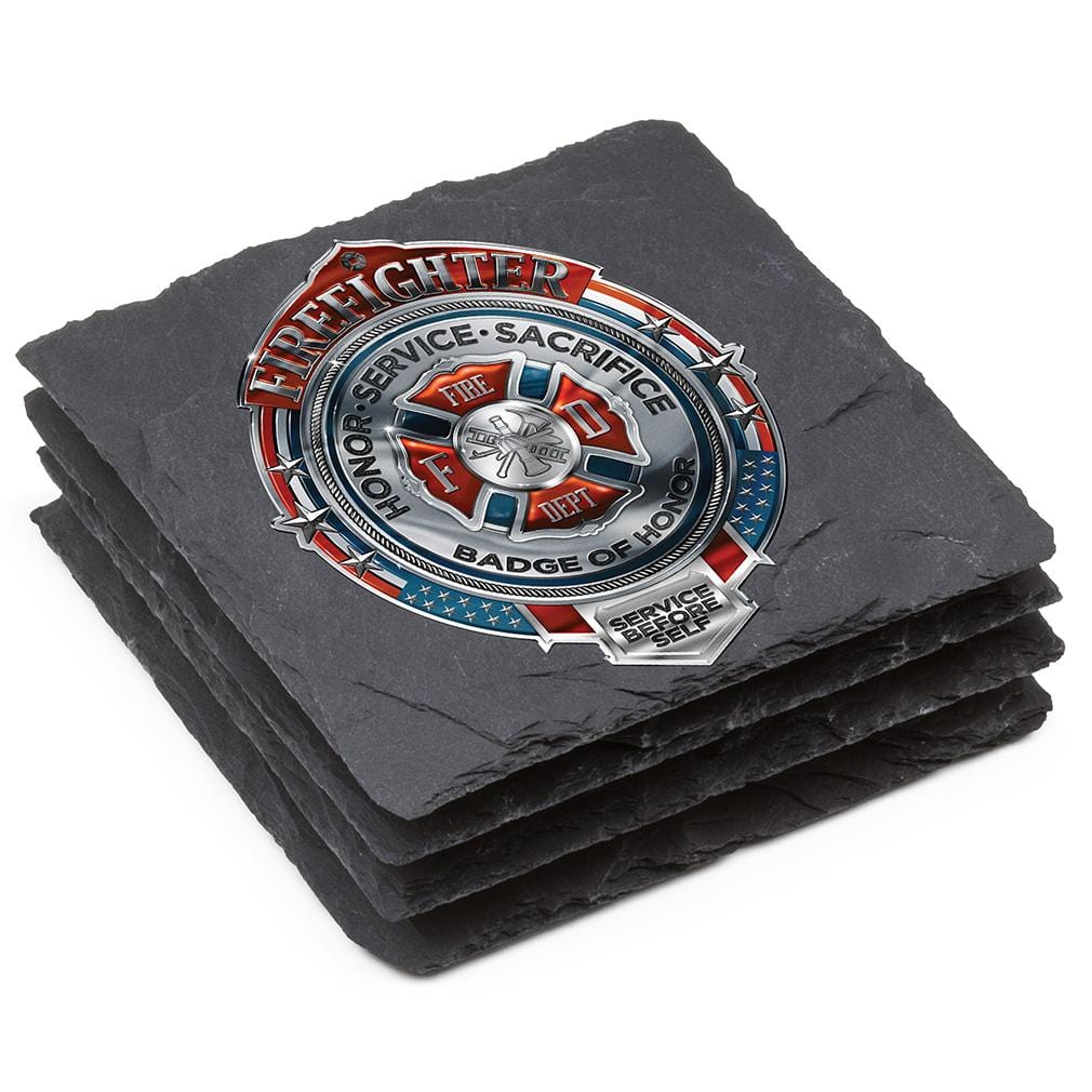 Firefighter Fire Honor Service Sacrifice Chrome Badge Black Slate 4IN x 4IN Coasters Gift Set