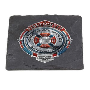 More Picture, Firefighter Fire Honor Service Sacrifice Chrome Badge Black Slate 4IN x 4IN Coasters Gift Set