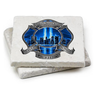 More Picture, 911 Firefighter Blue Skies We Will Never forget Ivory Tumbled Marble 4IN x 4IN Coasters Gift Set