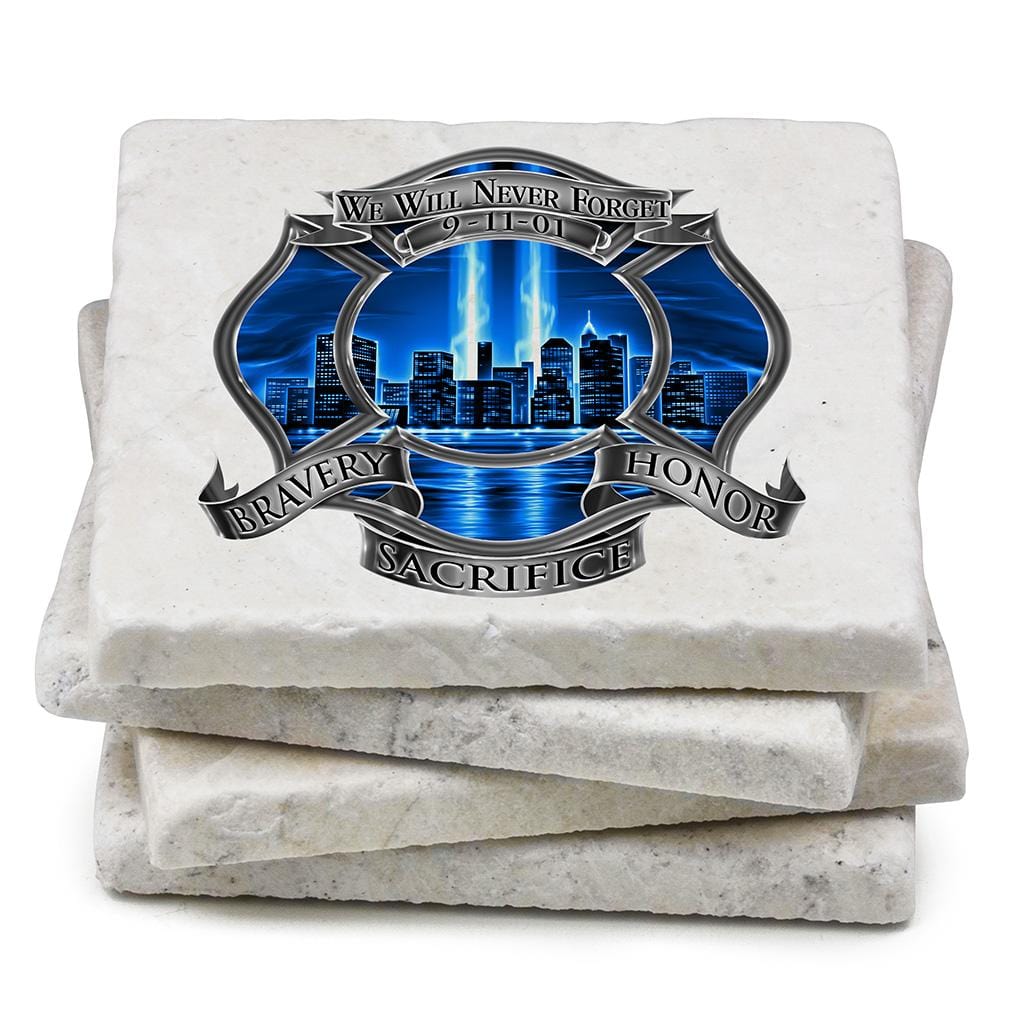 911 Firefighter Blue Skies We Will Never forget Ivory Tumbled Marble 4IN x 4IN Coasters Gift Set