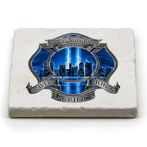 More Picture, 911 Firefighter Blue Skies We Will Never forget Ivory Tumbled Marble 4IN x 4IN Coasters Gift Set