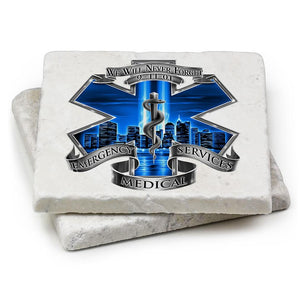 More Picture, 911 EMS EMT Blue Skies We Will Never forget Ivory Tumbled Marble 4IN x 4IN Coasters Gift Set