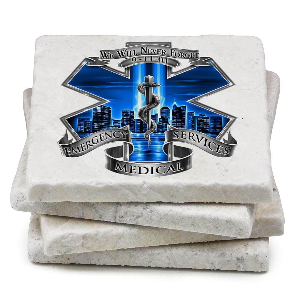 911 EMS EMT Blue Skies We Will Never forget Ivory Tumbled Marble 4IN x 4IN Coasters Gift Set