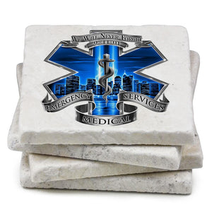 More Picture, 911 EMS EMT Blue Skies We Will Never forget Ivory Tumbled Marble 4IN x 4IN Coasters Gift Set