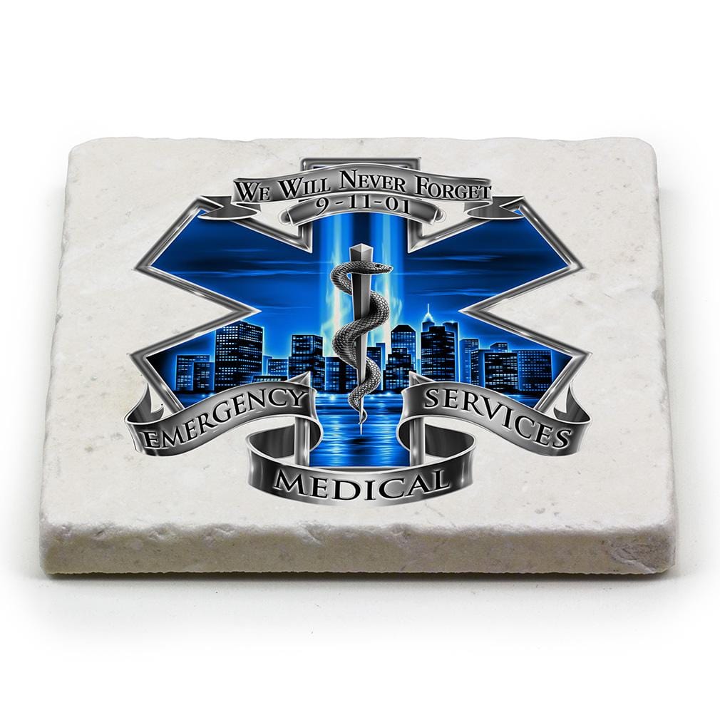 911 EMS EMT Blue Skies We Will Never forget Ivory Tumbled Marble 4IN x 4IN Coasters Gift Set