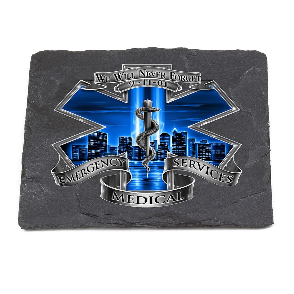 911 EMS EMT Blue Skies We Will Never forget Black Slate 4IN x 4IN Coasters Gift Set