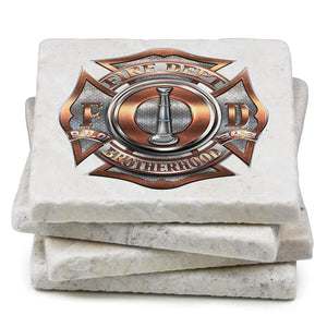 More Picture, Firefighter 1 Bugle Ranking Ivory Tumbled Marble 4IN x 4IN Coasters Gift Set