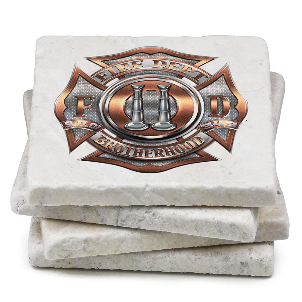 Firefighter 2 Bugle Ranking Ivory Tumbled Marble 4IN x 4IN Coasters Gift Set