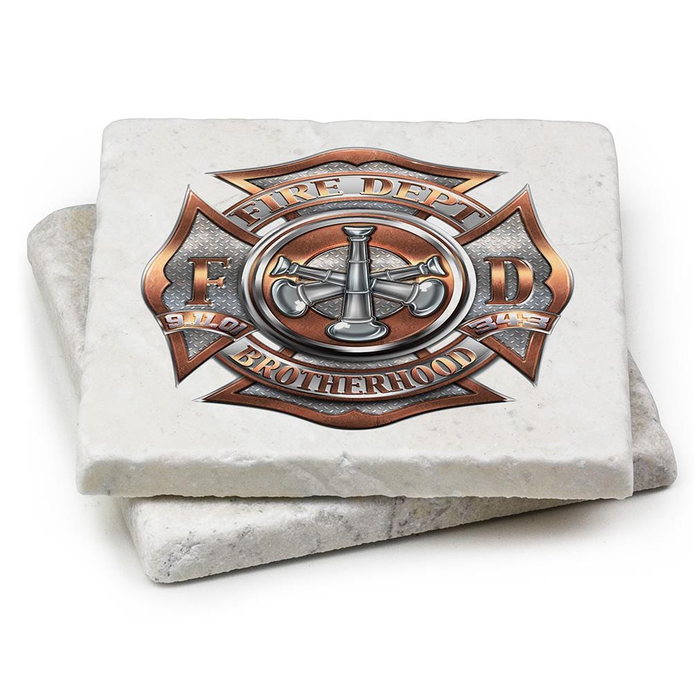 Firefighter 3 Bugle Ranking Ivory Tumbled Marble 4IN x 4IN Coasters Gift Set