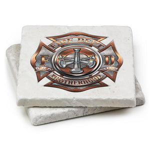 More Picture, Firefighter 3 Bugle Ranking Ivory Tumbled Marble 4IN x 4IN Coasters Gift Set