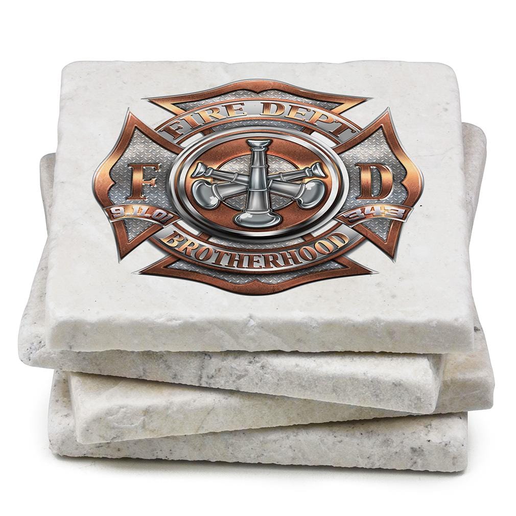 Firefighter 3 Bugle Ranking Ivory Tumbled Marble 4IN x 4IN Coasters Gift Set