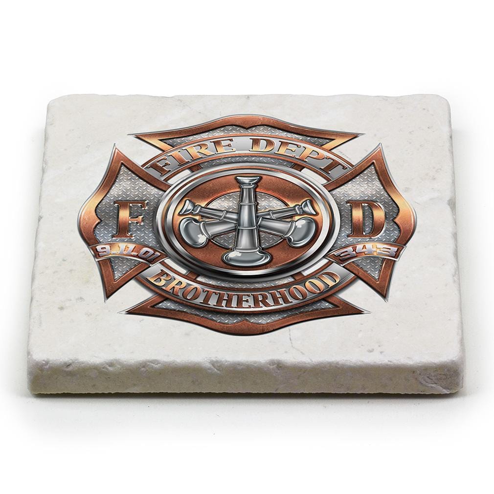Firefighter 3 Bugle Ranking Ivory Tumbled Marble 4IN x 4IN Coasters Gift Set
