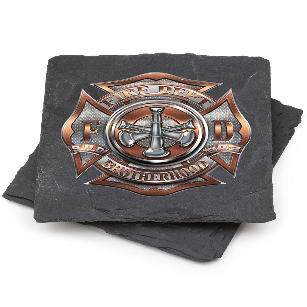 Firefighter 3 Bugle Ranking Black Slate 4IN x 4IN Coasters Gift Set